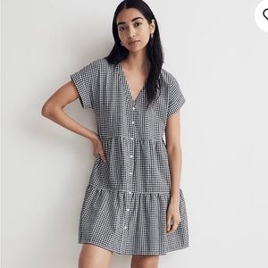 Cuff sleeve button front tiered mini dress in gingham check
